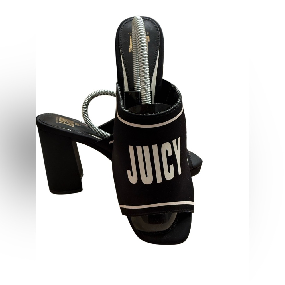 JUICY COUTURE Y2K BLACK OPEN TOE 'JUICY' BLOCK HEEL MULES NWOT